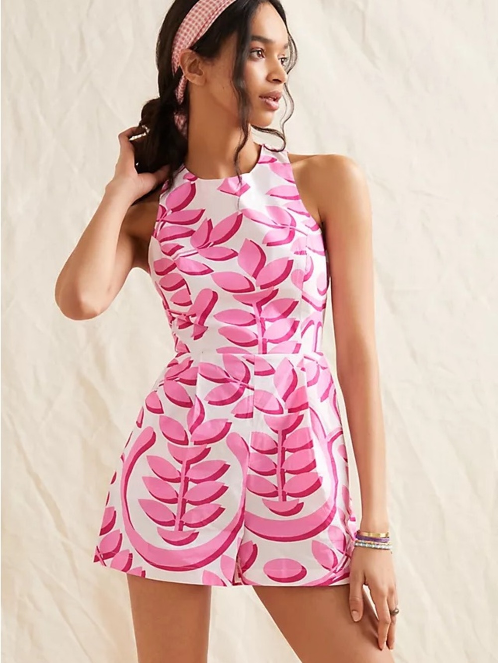 Anthropologie Pleated Cut-Out Romper Pink Magenta and White Brand Porridge